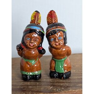 Vintage Native American Boy & Girl Salt & Pepper Shakers Ceramic Feather Set